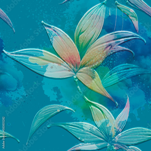 Fototapeta Naklejka Na Ścianę i Meble -  Tropical lily flowers textured 3d seamless pattern. Floral embossed watercolor spotty background. Grunge colorful modern backdrop. Line art  flowers, leaves. Hand drawn surface tropic plants ornament
