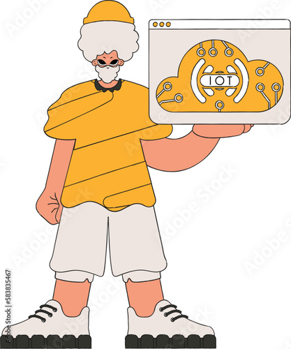 .He's gripping the IoT logo firmly in his hands.