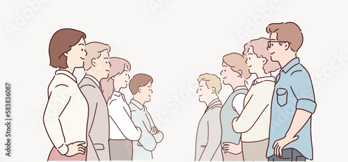 Two corporate teams, opposite competitors groups. Business confrontation, healthy competition, rivalry concept. Hand drawn style vector design illustrations.
