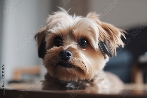 Cute Little Dog Sitting Happily on Background. Closeup Shot