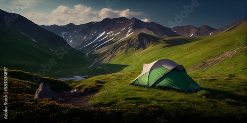 A camping tent in a nature hiking spot, Relaxing during a Hike in mountain, next to lake river - Generative AI