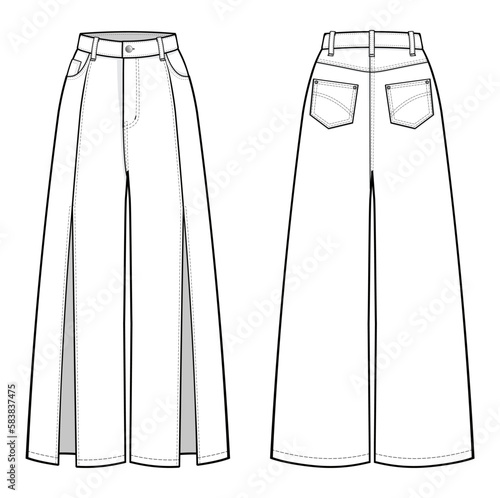 High Rise Front Slit Flare Jeans fashion flat technical drawing template. Flare Jeans technical fashion Illustration, front and back view, white, CAD mockup.