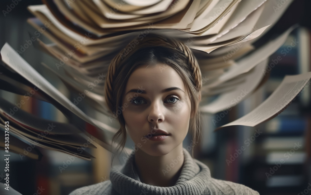 Girl drowning in information overload, information age stress concept ...