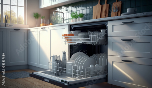 Open dishwasher with clean dishes inside in kitchen. Generative Ai.