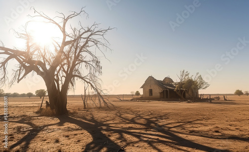 Abandoned farm house and dried trees in arid landscape  climate change concept. Generative AI realistic illustration