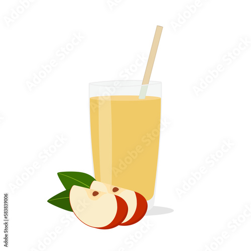 Glasses with fresh delicious apple juice in glass and straw on white background