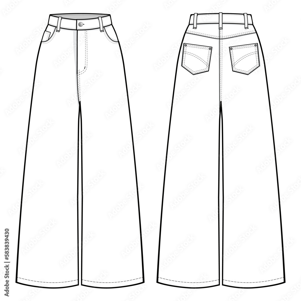 High Rise Flare Jeans fashion flat technical drawing template. Flare ...