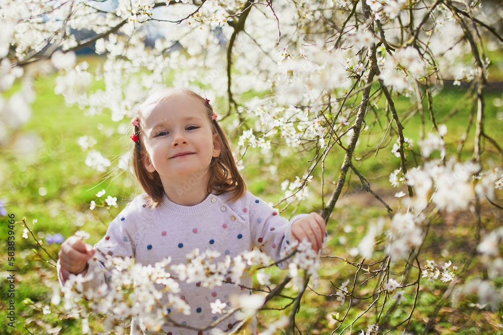 Adorable little girl enjoying nice and sunny spring day near apple tree in full bloom Adorable little girl enjoying nice and sunny spring day near apple tree in full bloom