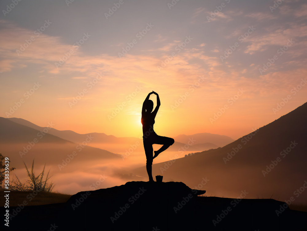 morning yoga silhouette against sunlit mountains, unity with nature, revitalizing practice, generative AI