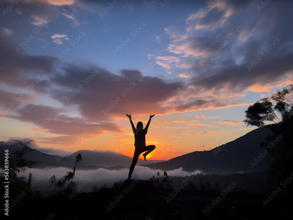 peaceful yoga silhouette at dawn, picturesque mountain view, spiritual rejuvenation, generative AI