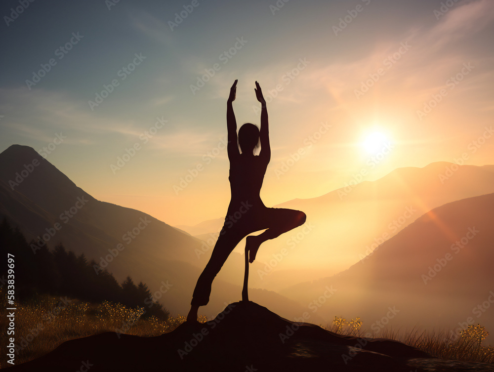 sunrise yoga session silhouette, breathtaking mountain panorama, harmony with nature, generative AI