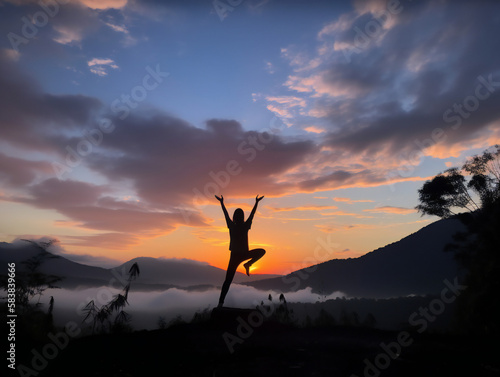 peaceful yoga silhouette at dawn, picturesque mountain view, spiritual rejuvenation, generative AI