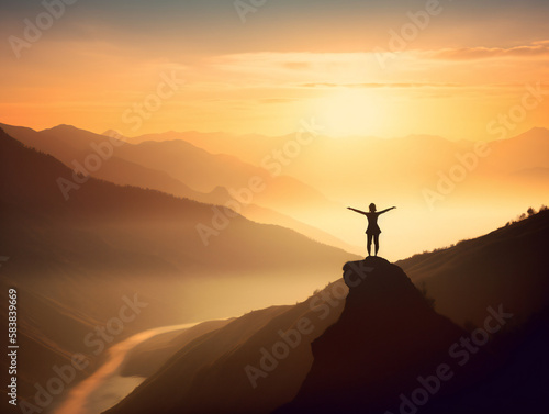 peaceful yoga silhouette at dawn, picturesque mountain view, spiritual rejuvenation, generative AI © Marcos