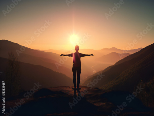 peaceful yoga silhouette at dawn, picturesque mountain view, spiritual rejuvenation, generative AI