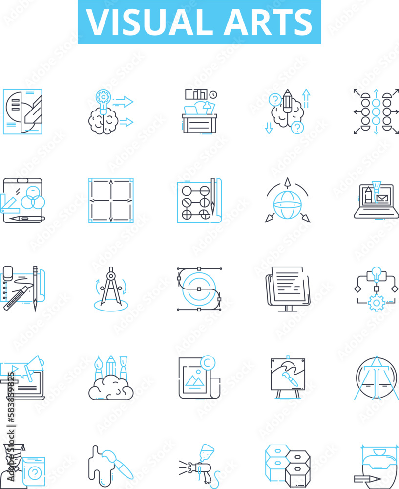 Visual arts vector line icons set. Drawing, Painting, Sculpture, Mosaic, Printmaking, Photography, Installation illustration outline concept symbols and signs
