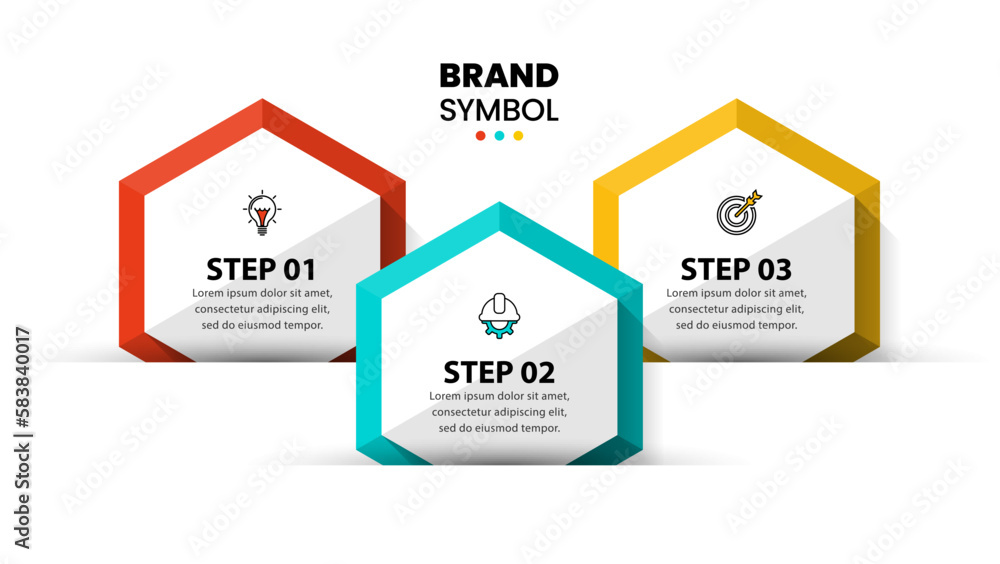 Infographic template. 3 hexagons with icons and text Infographic template. 3 hexagons with icons and text