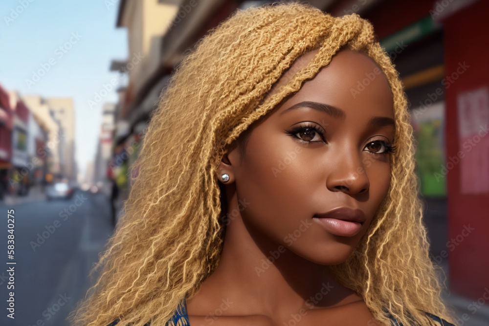 A beautiful african american woman portrait, city street as background. Generative AI. A beautiful african american woman portrait, city street as background. Generative AI.