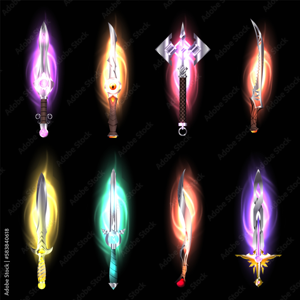 Collection of decoration weapon for games. Magic sword game vector