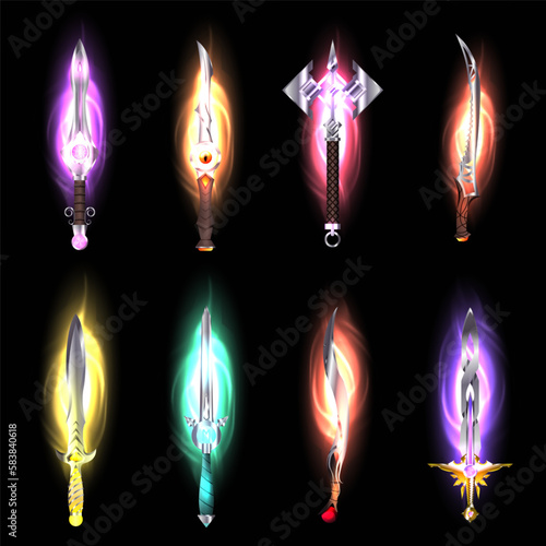 Collection of decoration weapon for games. Magic sword game vector weapon set, medieval fantasy cartoon shiny blade kit. Knight neon dagger, warrior alchemy magical knife