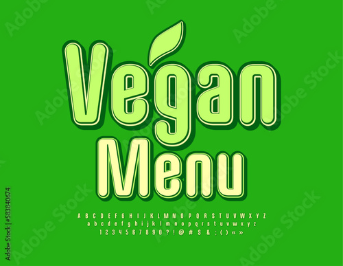 Vector stylish sign Vegan Menu. Modern elegant Font. Bright Creative Alphabet Letters, Numbers and Symbols set