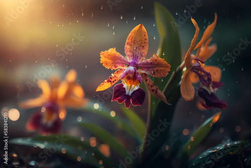 Macro of a beautiful orchid in a rainy weather