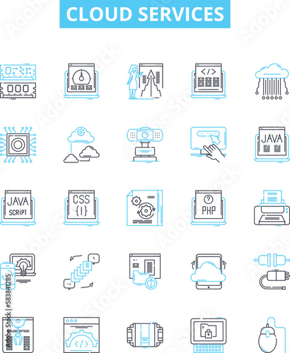 Cloud services vector line icons set. Cloud, Services, Computing, Hosting, Storage, Security, Virtualization illustration outline concept symbols and signs
