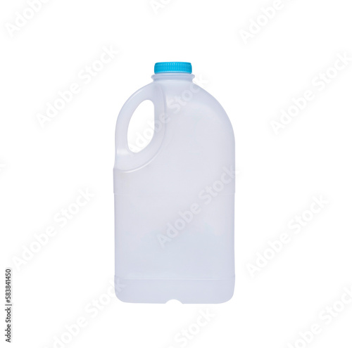 Empty white plastic milk gallon container with blue lid isolated on transparent background, png file photo