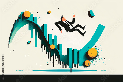Stock market down, economic crash, investment failure or mistake, falling prices, recession, concept of investment risk, business investor slipped on the chart and fell, bank crisis. Generative AI.