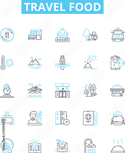 Travel food vector line icons set. Voyage, Cuisine, Meal, Taste, Delicacy, Snack, Portable illustration outline concept symbols and signs