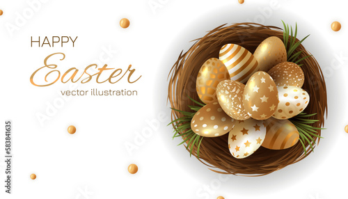 Luxury Happy easter card with eggs. Many beautiful golden realistic eggs. Egg basket. Vector illustration greeting card, ad, promotion, poster, flyer, web-banner, article