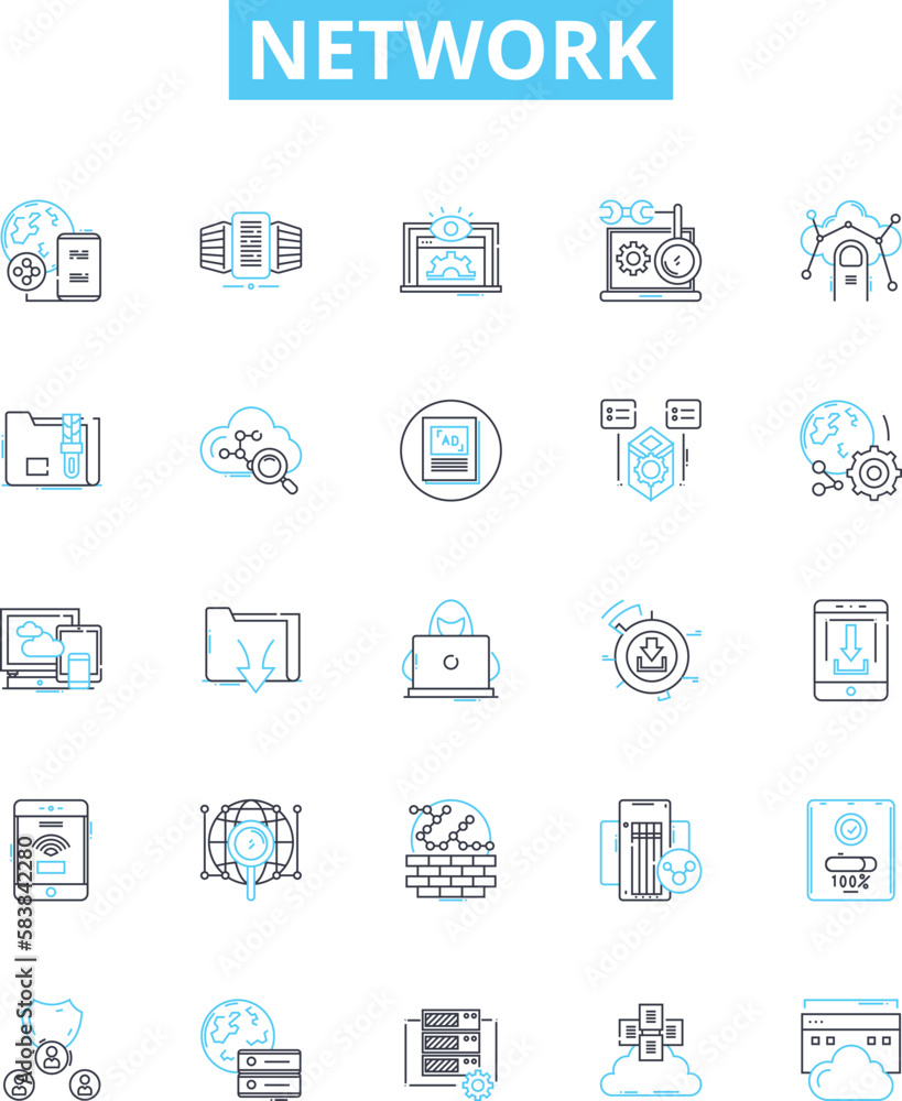 Network vector line icons set. Network, Connectivity, LAN, WAN, System, Infrastructure, WiFi illustration outline concept symbols and signs Network vector line icons set. Network, Connectivity, LAN, WAN, System, Infrastructure, WiFi illustration outline concept symbols and signs