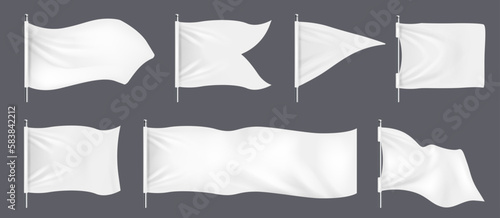 Realistic banner flags. 3D white blank textile signs and waving fabric for advertising. Realistic blank white fabric signs mockup for advertising, outdoor exhibition cotton waving flags