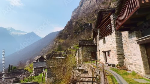 Panorama of Brontallo terraced village, Val Lavizzara, Vallemaggia, Switzerland photo