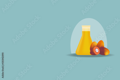 Palm oil in a bottle and palm fruit on transparent podium with copy space