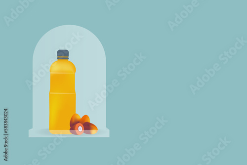 Palm oil in a bottle and palm fruit on transparent podium with copy space
