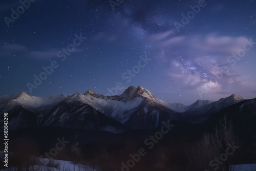 A stunning, photo-realistic image of a majestic snow-capped mountain range under a beautiful star-filled sky.