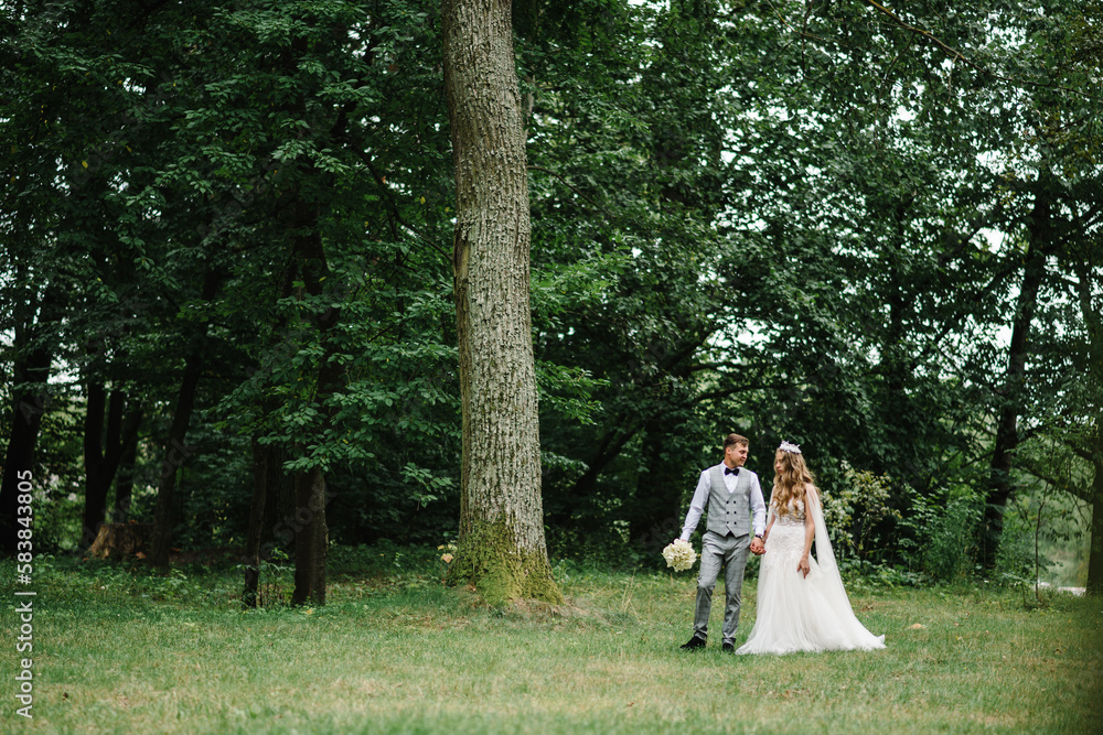 Portrait of young wedding couple are walking in the forest and admire nature and look at the landscape. Wedding ceremony and photo shoot outdoors. Newlyweds. Portrait of young wedding couple are walking in the forest and admire nature and look at the landscape. Wedding ceremony and photo shoot outdoors. Newlyweds.