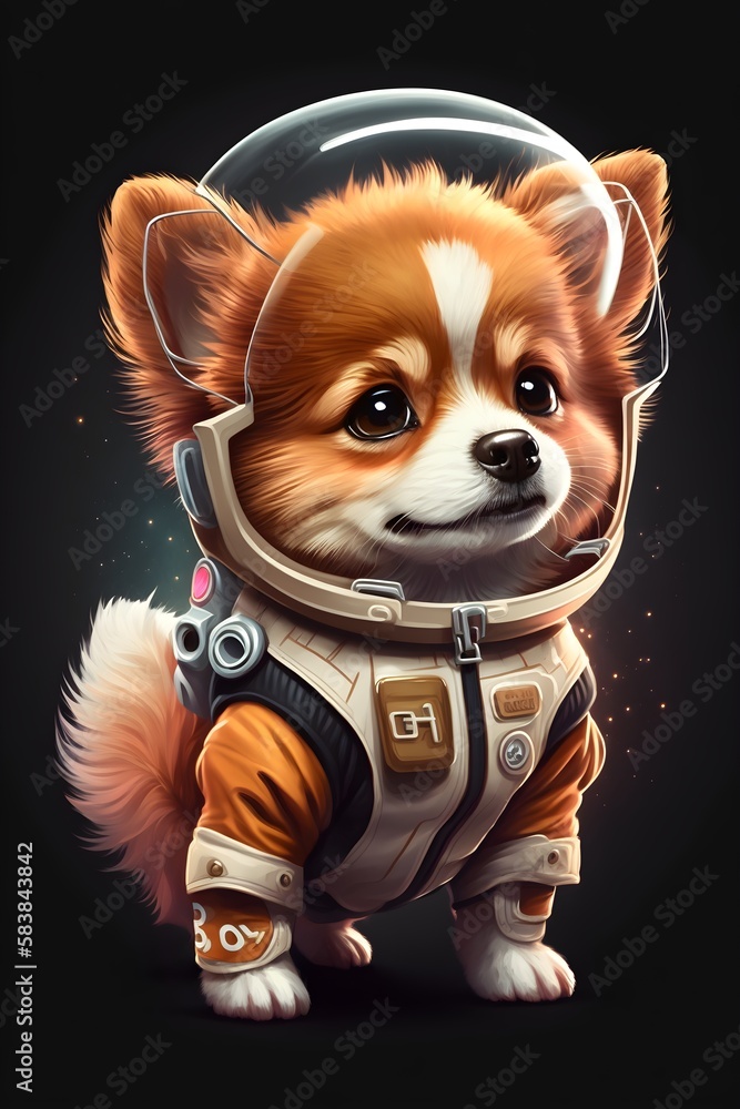 portrait of a dog in space suit, astronaut animal, outer space over the Earth. AI