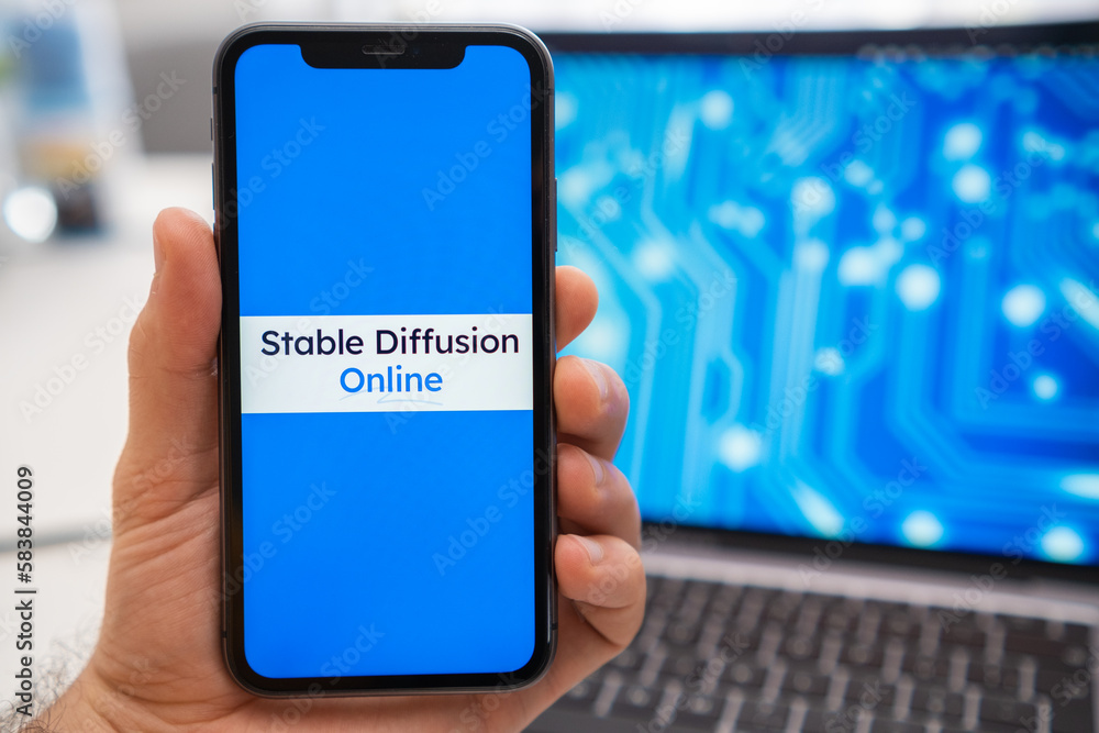 Stable Diffusion Online Logo Of Neural Network On The Screen Of The Stable Diffusion Online Logo Of Neural Network On The Screen Of The