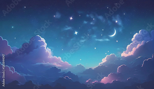 Starry sky above the clouds Cute sky background. Generative Ai.
