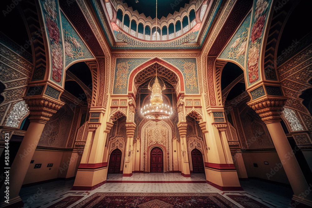 Interior of muslim mosque in traditional design colorful style with arabic ornaments AI generated