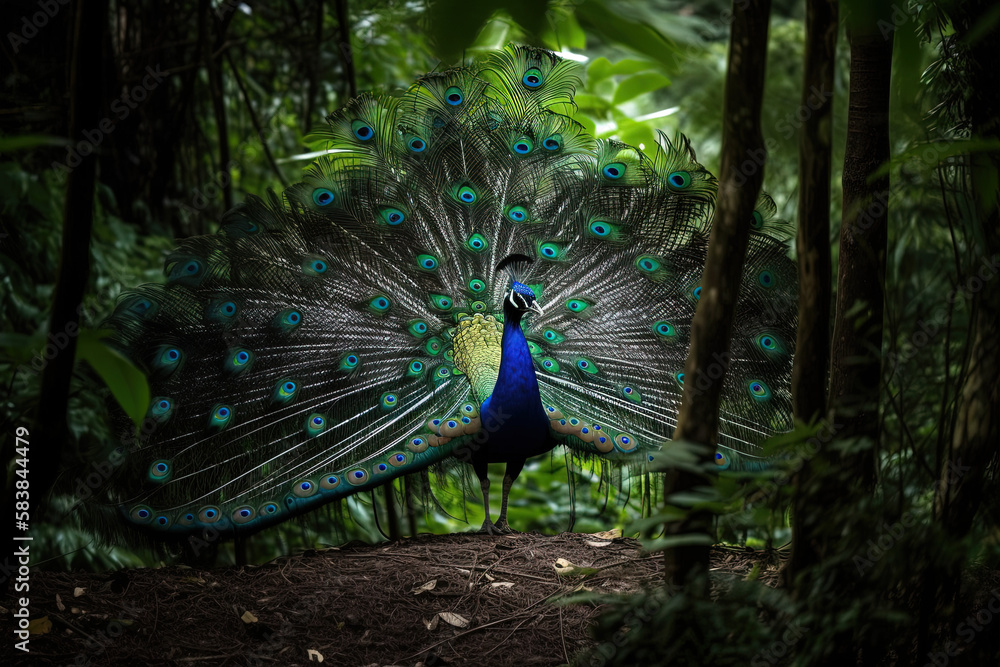 Obraz premium Peacock in deep forest. Generative AI