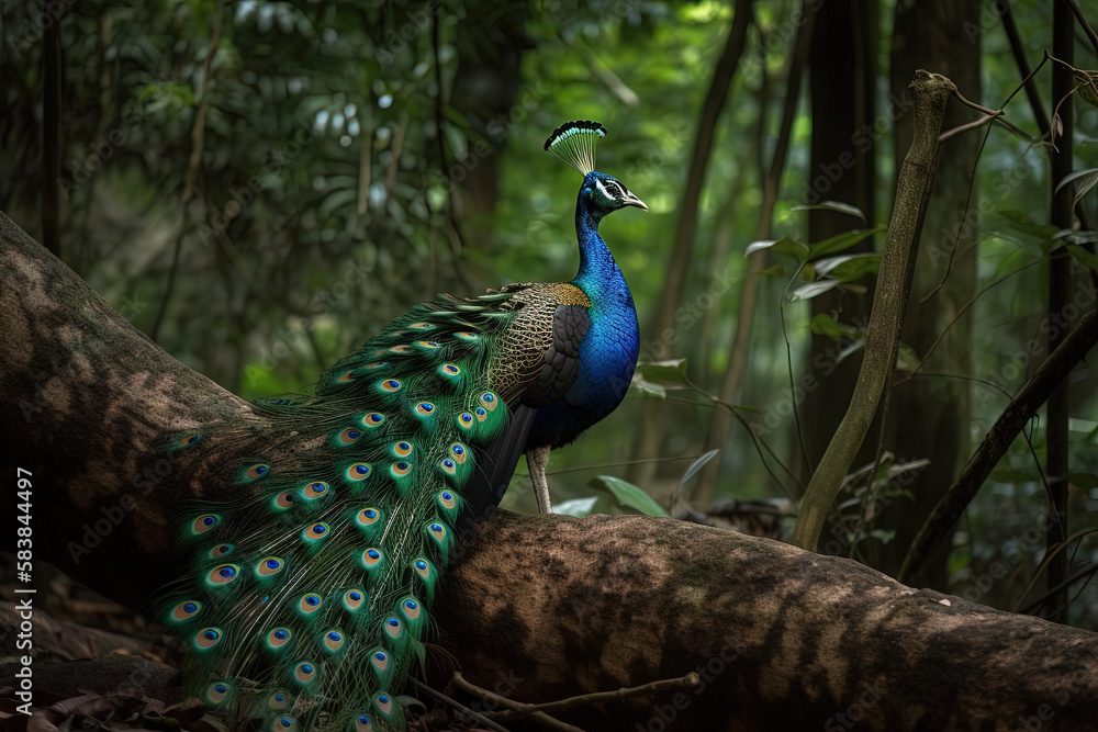 Peacock in deep forest. Generative AI Peacock in deep forest. Generative AI