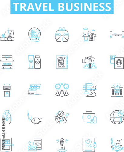 Travel business vector line icons set. Tourism, Tour, Vacation, Journey, Adventure, Transport, Sightseeing illustration outline concept symbols and signs