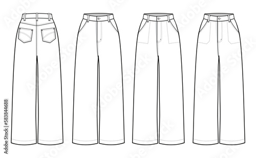 Set of High-Rise Boyfriend Jeans with 3 different front pocket styles fashion flat technical drawing template. Boyfriend pants technical fashion Illustration, front, and back view, white, CAD mockup.