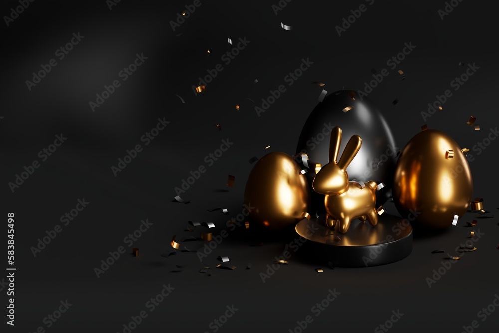 golden Easter eggs and a golden rabbit or bunny, black background, 3d render