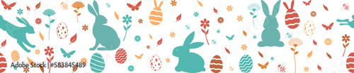 Oster Silhouette Vektor nahtlos in verschiedenen Farben. Oster Dekoration mit Osterhase, Osterei, Blumen, Biene und Schmetterling.
Kann nach links und rechts unendlich vergrößert werden.