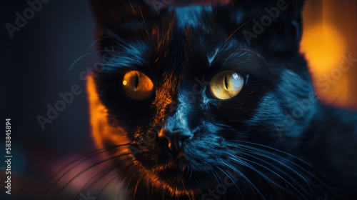 Close frontal view of a black cat, created with Generative AI technology