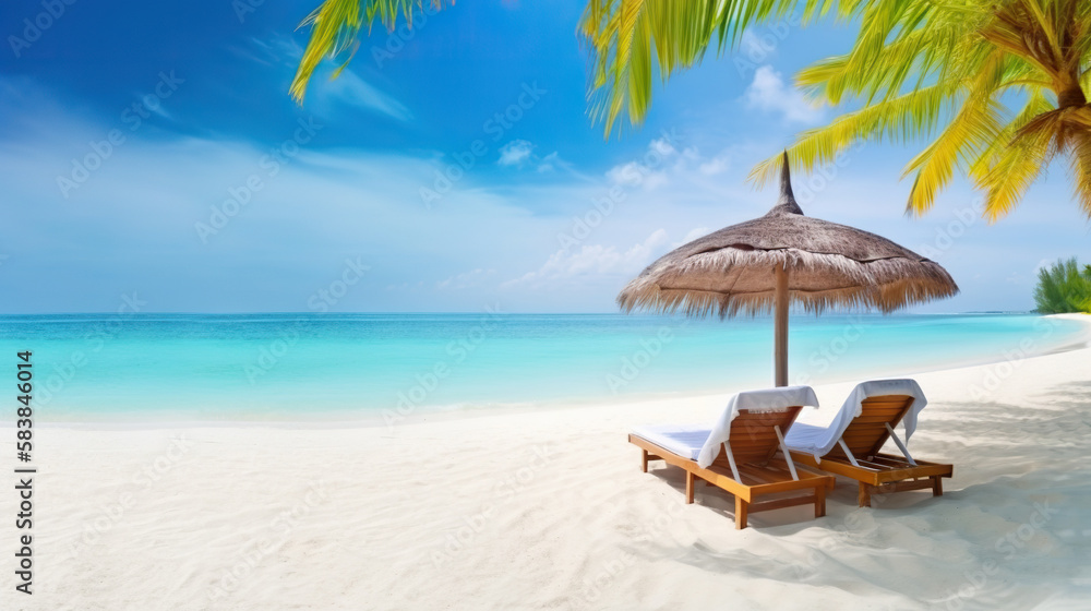 Ocean beach with white sand, umbrella and two sunbeds. Based on Generative AI Ocean beach with white sand, umbrella and two sunbeds. Based on Generative AI