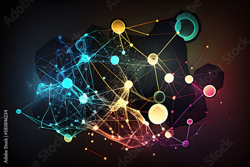 background with molecule atom style abstract colorfull glowing spots connected over lines and vector universe and solarsystem mindmap technology style